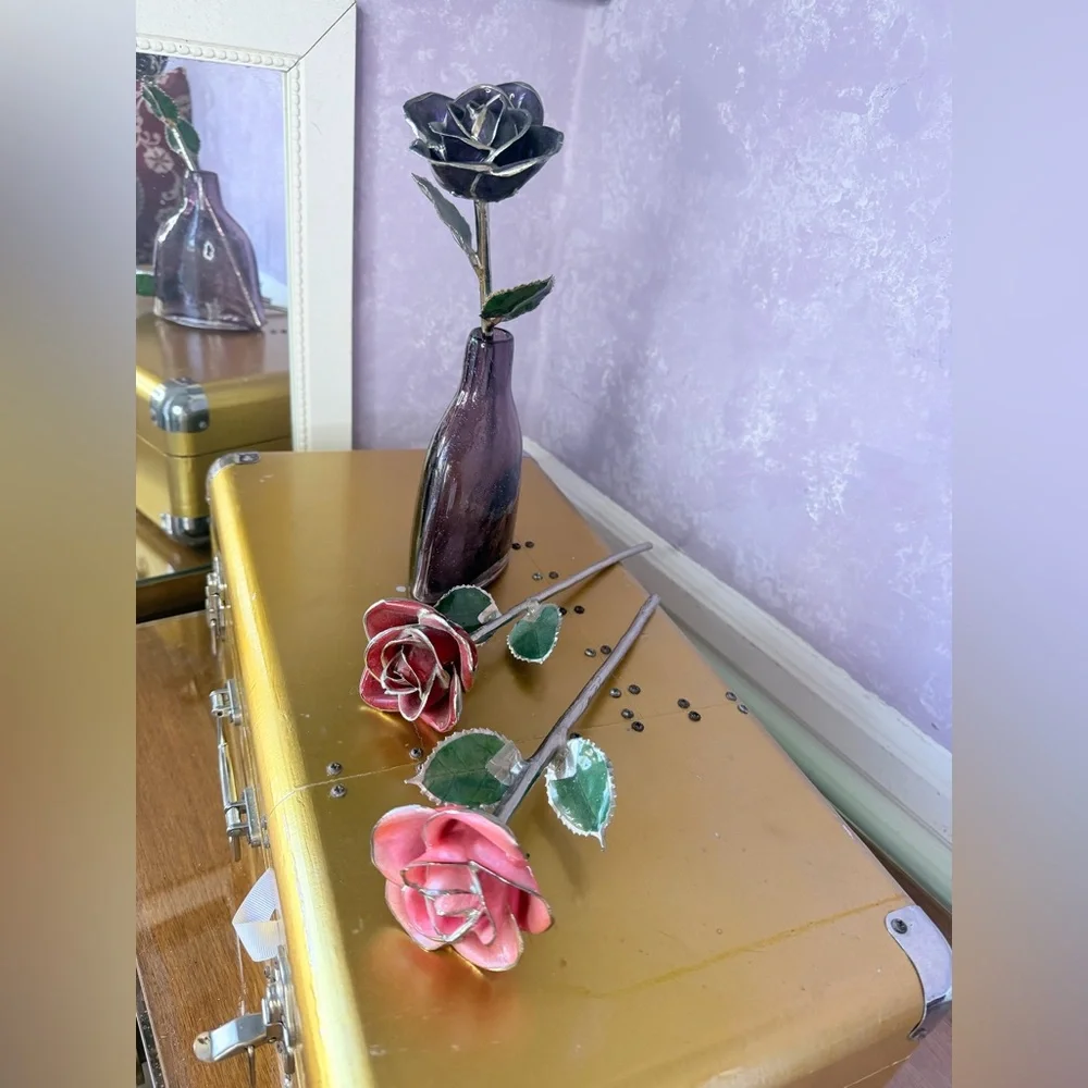Artistic Silver Glass dipped Roses Pink Red and Purple